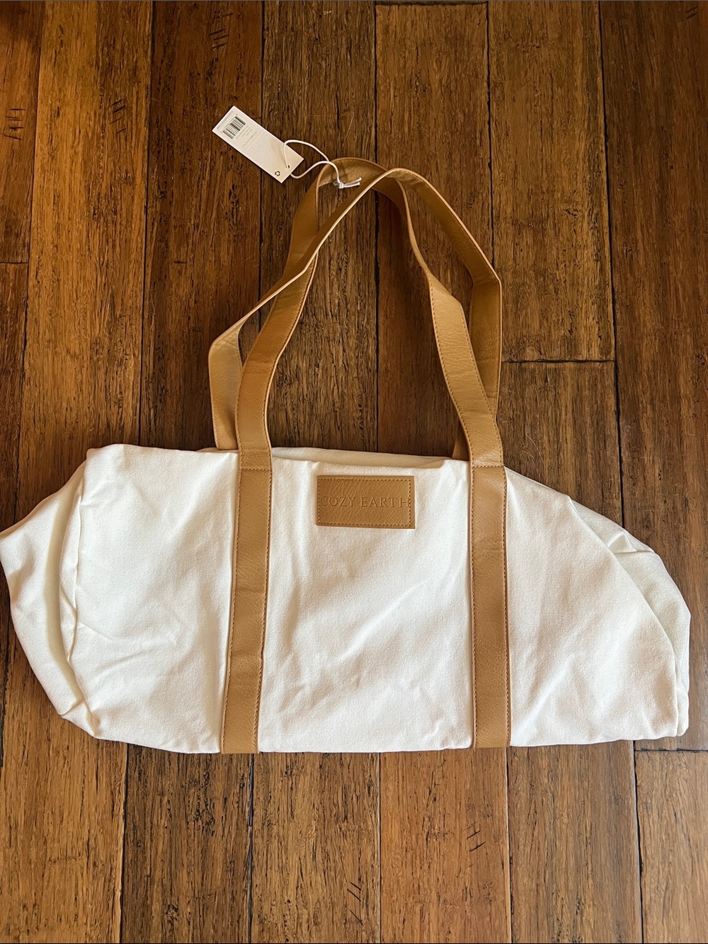 Cozy Earth White Canvas Tote with Tan Leather Straps